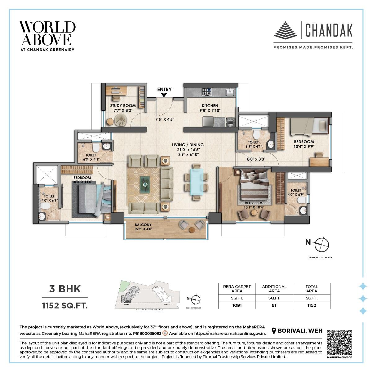 3 BHK Apartment Floor Plan with Spacious Design at CHANDAK GREENAIRY, BORIVALI EAST