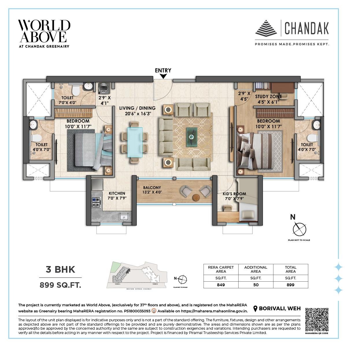 3 BHK Apartment Floor Plan with Spacious Design at CHANDAK GREENAIRY, BORIVALI EAST