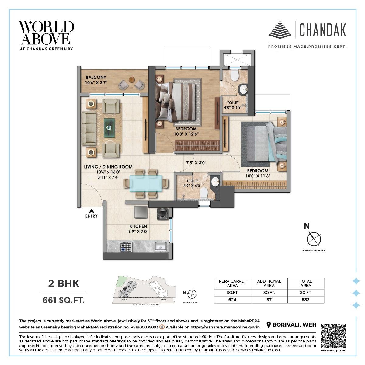 2 BHK Apartment Floor Plan with Smart Layout at CHANDAK GREENAIRY, BORIVALI EAST