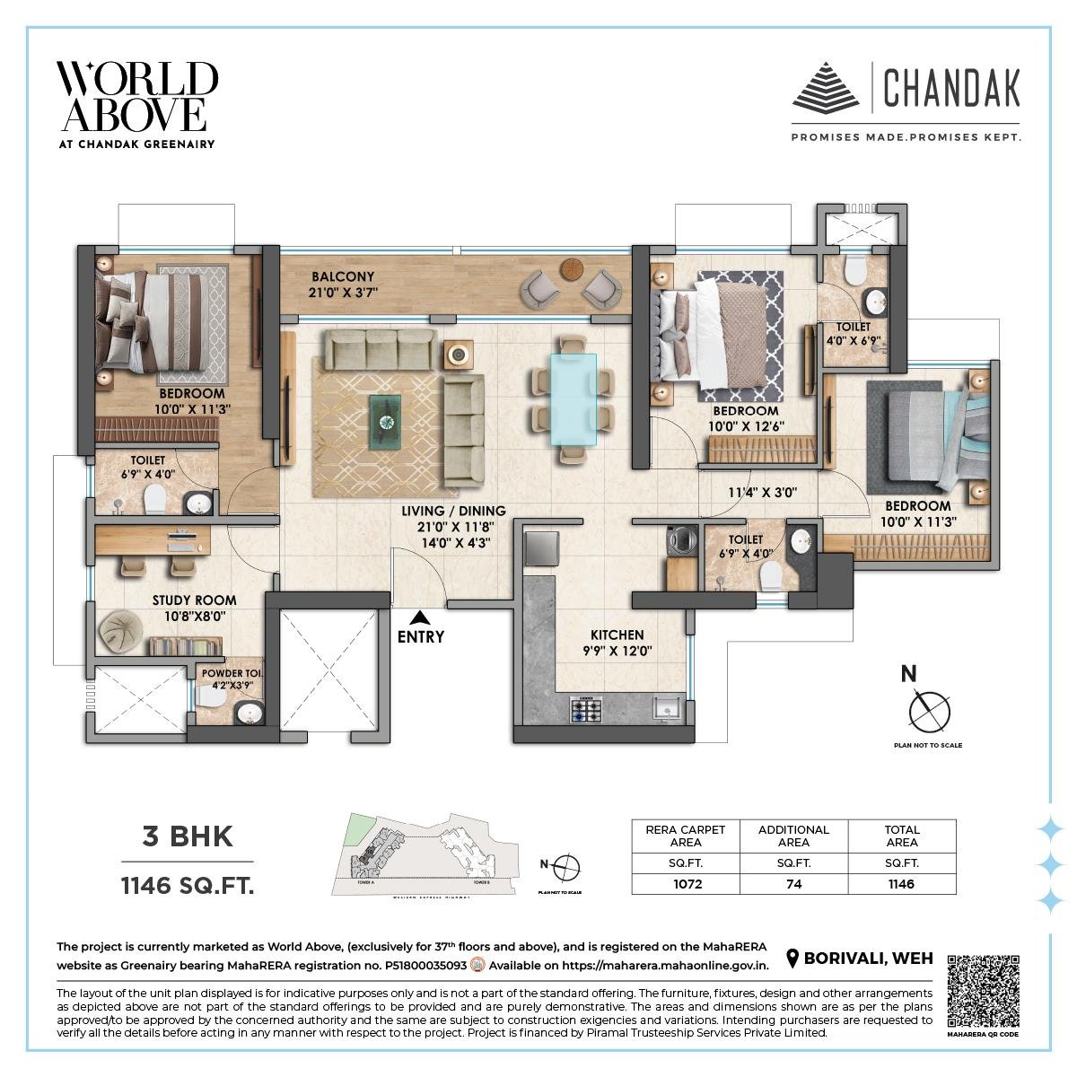 3 BHK Apartment Floor Plan with Spacious Design at CHANDAK GREENAIRY, BORIVALI EAST
