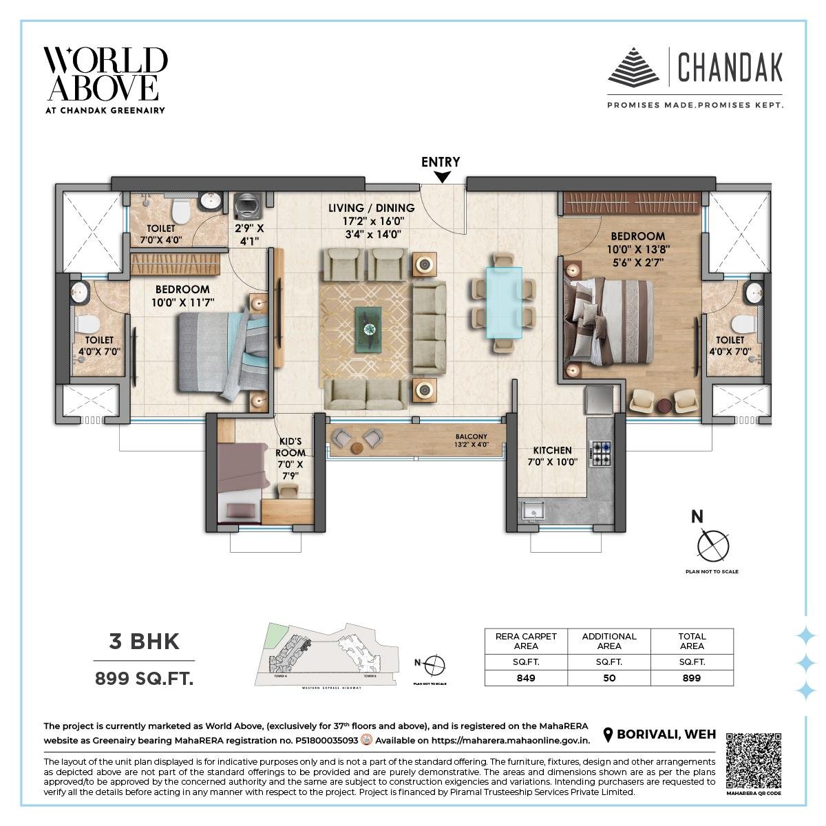 3 BHK Apartment Floor Plan with Spacious Design at CHANDAK GREENAIRY, BORIVALI EAST